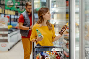 Lady shopping in chilled drinks aisle in a super market